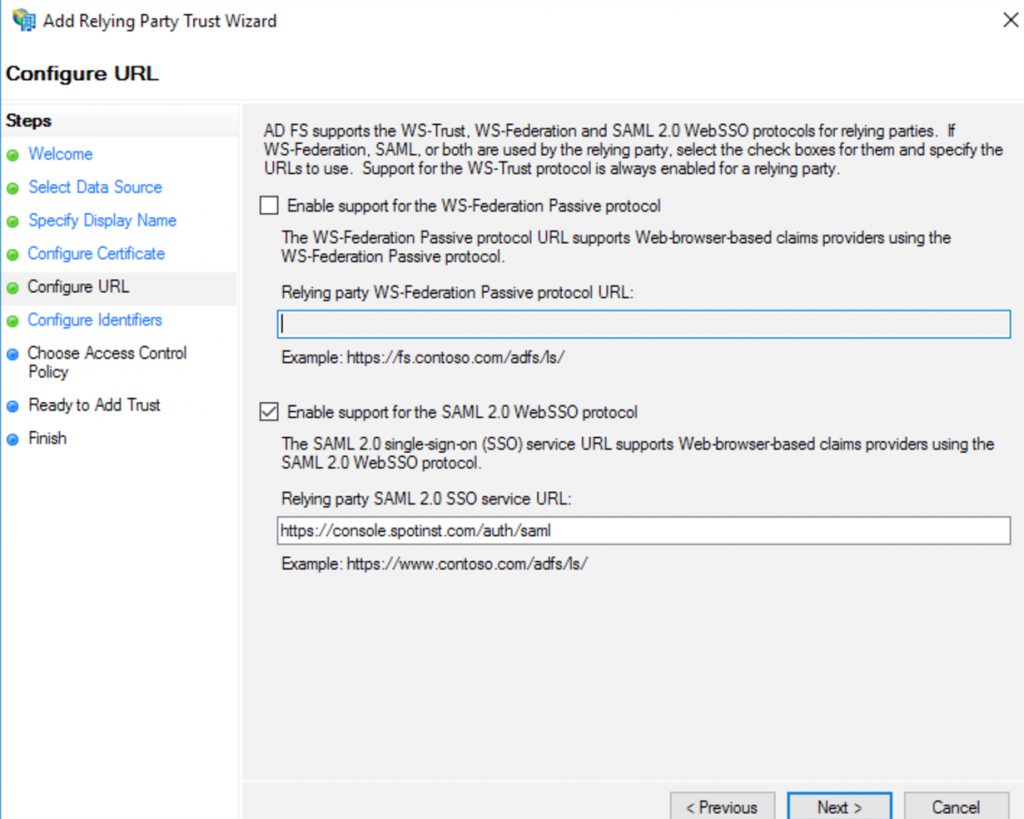AD FS SAML 2.0 WebSSO protocol screenshot